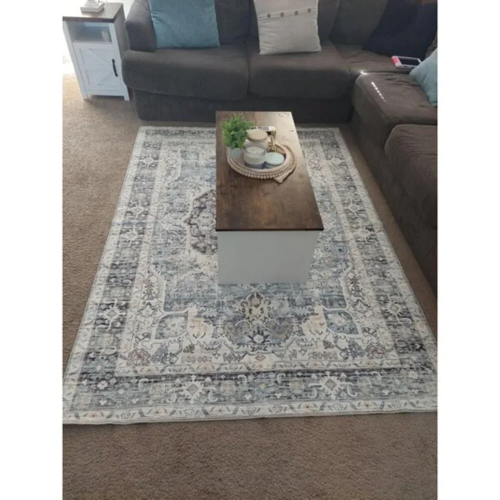 New 5x7 Light Blue Vintage Boho Rug, Washable Soft Low Pile Non-Slip Carpet